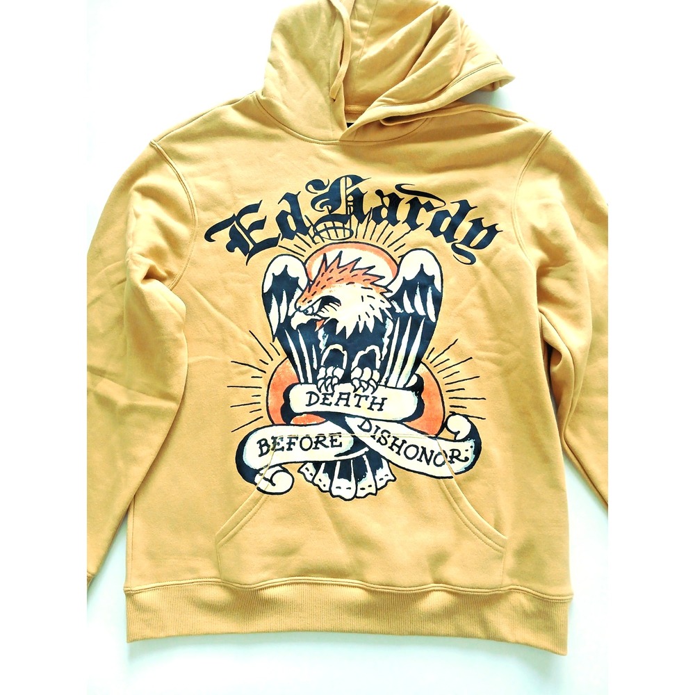 Ed hardy NWT Pullover Hoodie Marigold Yellow "Death Before Dishonor" Size Large